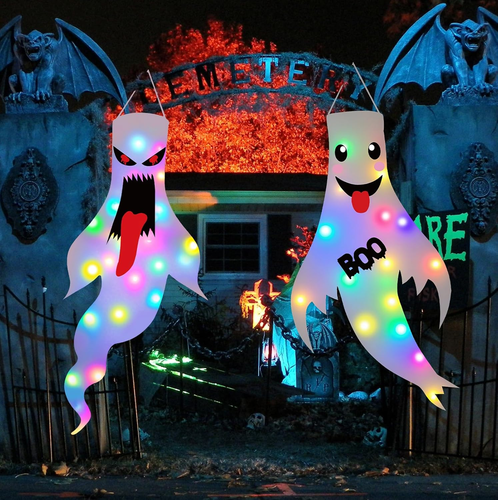 Halloween Hanging Ghost Decorations 2 Pack 47in Light Up LED Outdoor Indoor - Picture 8 of 15