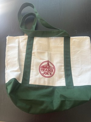 Trader Joe's Reusable Canvas Tote Bag Beige Green Solid Plain Shopping Grocery