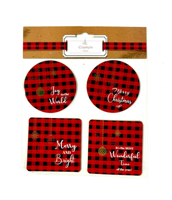 Christmas Coaster Set   8 Pc Buffalo Plaid Holiday Drink Coasters, Cardboard