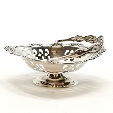 Antique Art Nouveau Sterling Silver Pierced Bonbon Swing Handle Basket - C1911