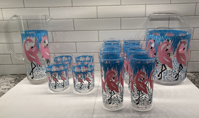Vintage MCM Culver Flamingo Drink Set Pitcher 12 Matching Glasses & Ice Bucket