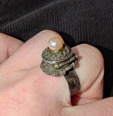 Vintage Silver Poison Ring Set w/ Pearl Size 6.5, Adjustable