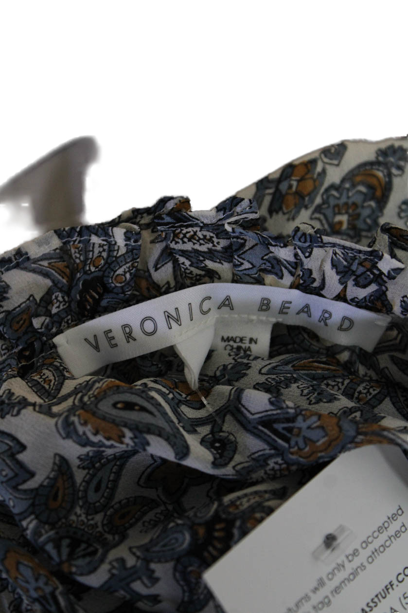 Veronica Beard Womens Long Sleeve V Neck Floral Silk Dress White Blue Size 2