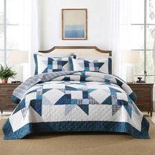 Cotton Quilt Bedding Sets 3 Pieces Soft Reversible Blue White Patchwork King