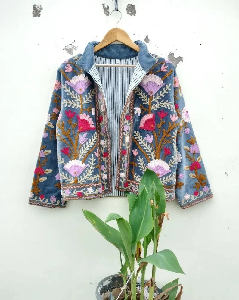 Indian Blue Suzani Printed Jacket Handmade Velvet Jacket Women's Clothing US