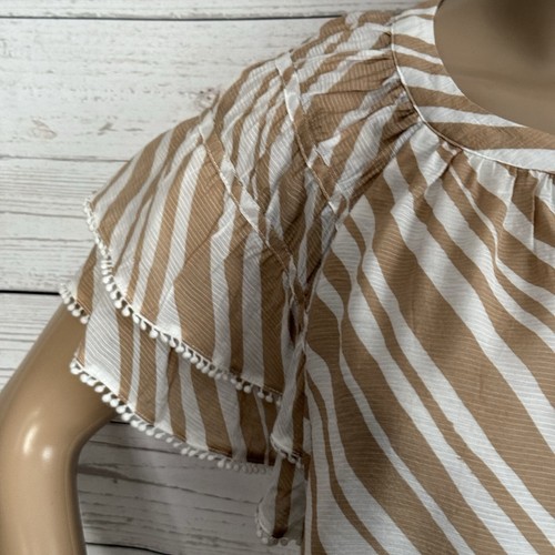 Ann Taylor Blouse Medium Tan White Zebra Striped Ruffle Tiered Sleeves Buttons - Picture 3 of 12