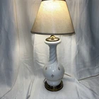 VINTAGE HOLLYWOOD REGENCY MILK GLASS LAMP FLEUR DE LIS GOLD DESIGN MCM