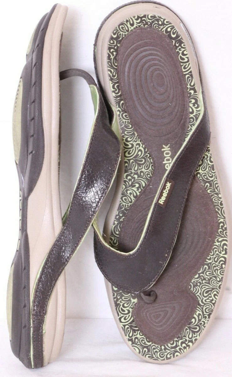 Reebok Easy-Tone Brown Leather Slip-On Thong Sandal Shoes Women&#039;s 10 | eBay