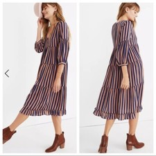 NWT 128 Madewell Women's Striped Satin Midi Dress blue bronze sz 0 oversized xs