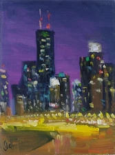 Night City Oil Painting New York Skyline City Original Wall Art Manhattan City