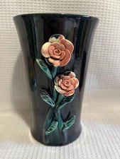 Beautiful 3-D Floral Wide Mouth Pottery Vase-Navy/Pink Flowers/Green Leaves