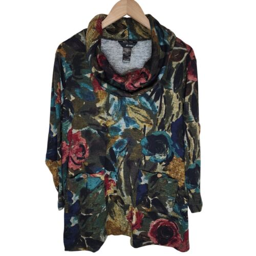 Ali Miles Sweater Tunic Women's 1X Cowl Neck Floral Long Sleeve w. Pockets