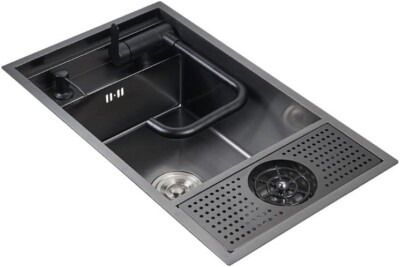 Hidden Bar/Cafe/RV/kitchen Sink wFoldable Faucet &Glass Rinser Set Black 23 INCH