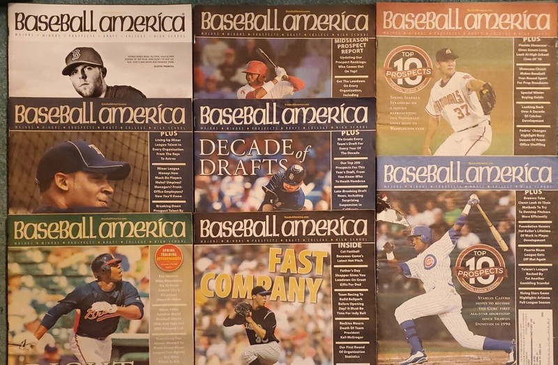 LOT OF 7 BASEBALL AMERICA MAGAZINES 2009-10: PEDROIA, STRASBOURG, HEYWARD, BROWN