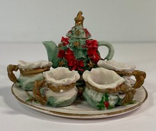Miniature Tea Set - Christmas Trees  w/ Plate, Tea Pot, 4 Tea Cups - Decorative