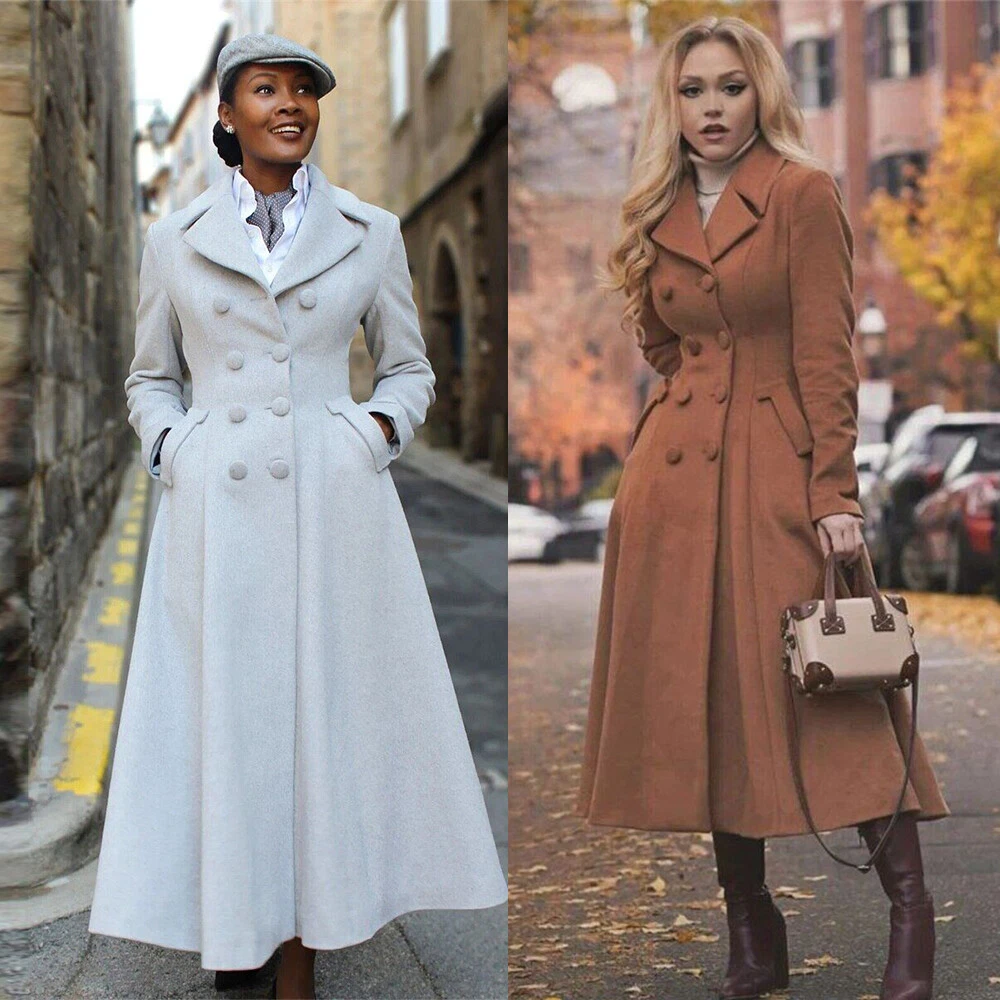 Brown Women's Outdoor Dress Coat Double Breasted Wool Long Overcoat with  Pockets