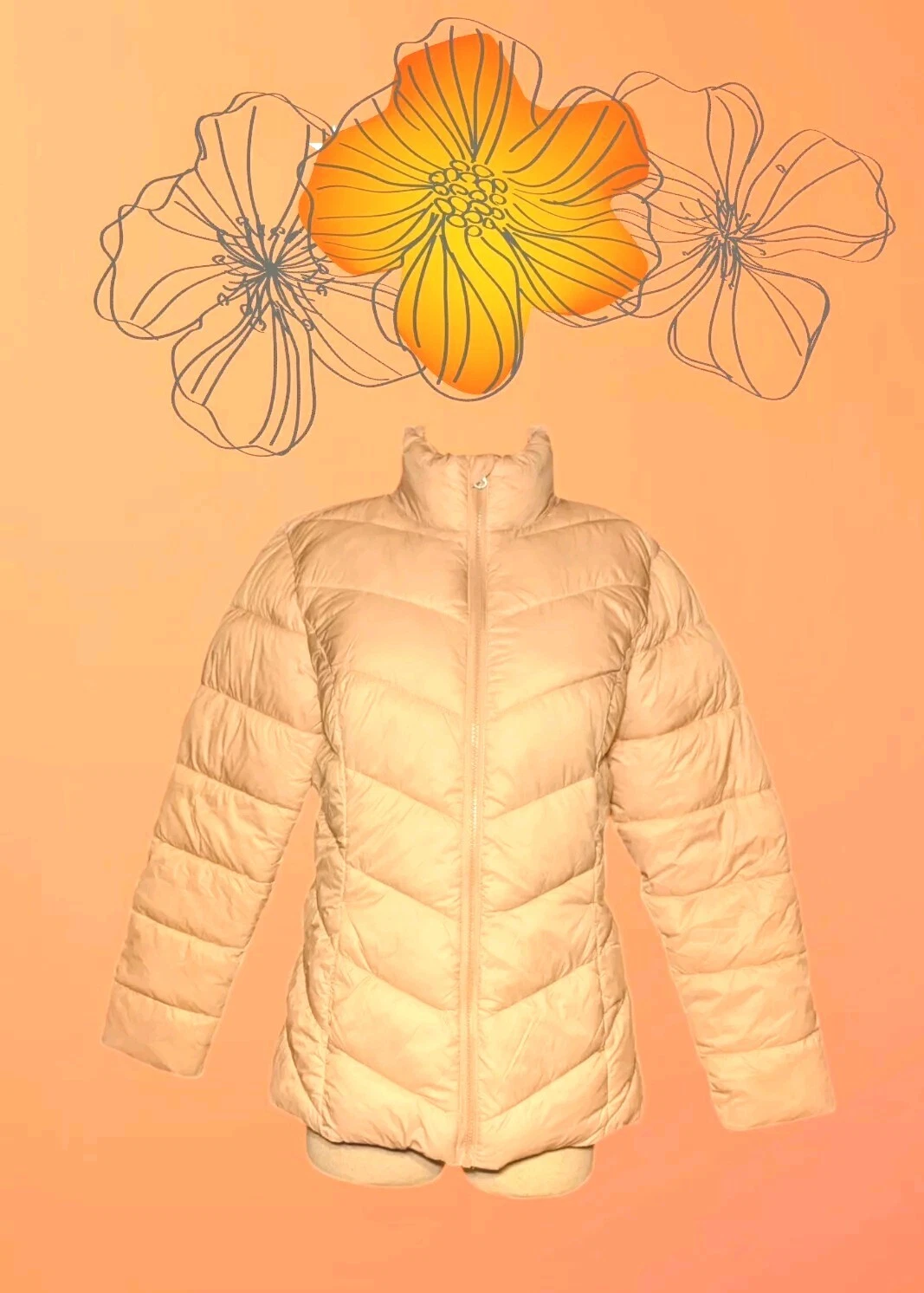 TIME TRU Puffer Jacket NYLON Light Orange QUILTED Full Zip Women's Size Small