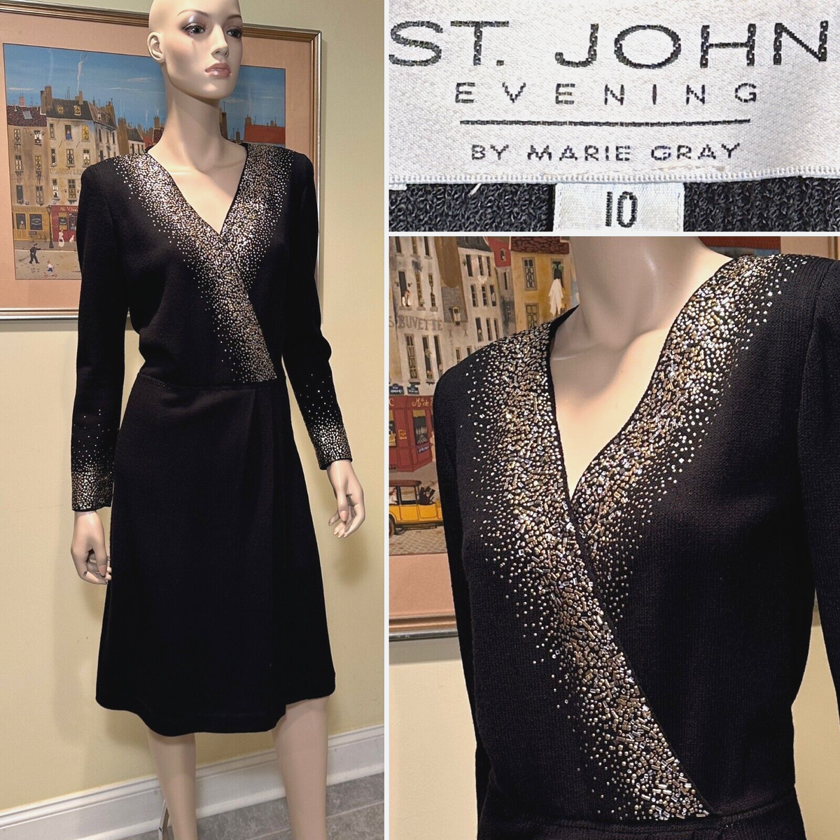 st john beaded dress GORGEOUS ST. JOHN COUTURE BY MARIE GRAY BLACK PAILLETTES EVENING GOWN –  Vintage Clothing & Fashions main image 1