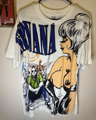 Nirvana Kurt Cobain RARE All Over Print Single Stitch AOP Band T-shirt REPRINT L