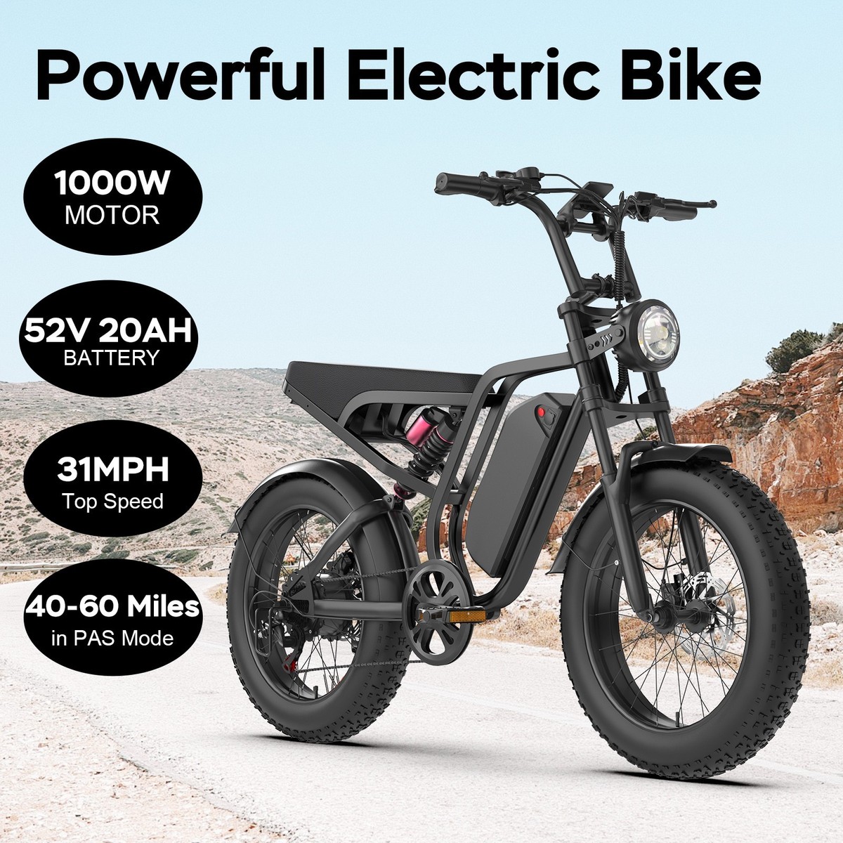 Electric Bike for Adults 52V 1500W 60Miles 31MPH 20'' Fat Tire