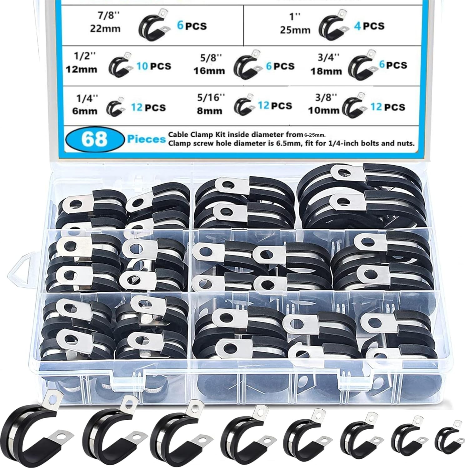 68 Piece Stainless Steel Cable Clamp Set with Rubber Cushion for Pipe Management