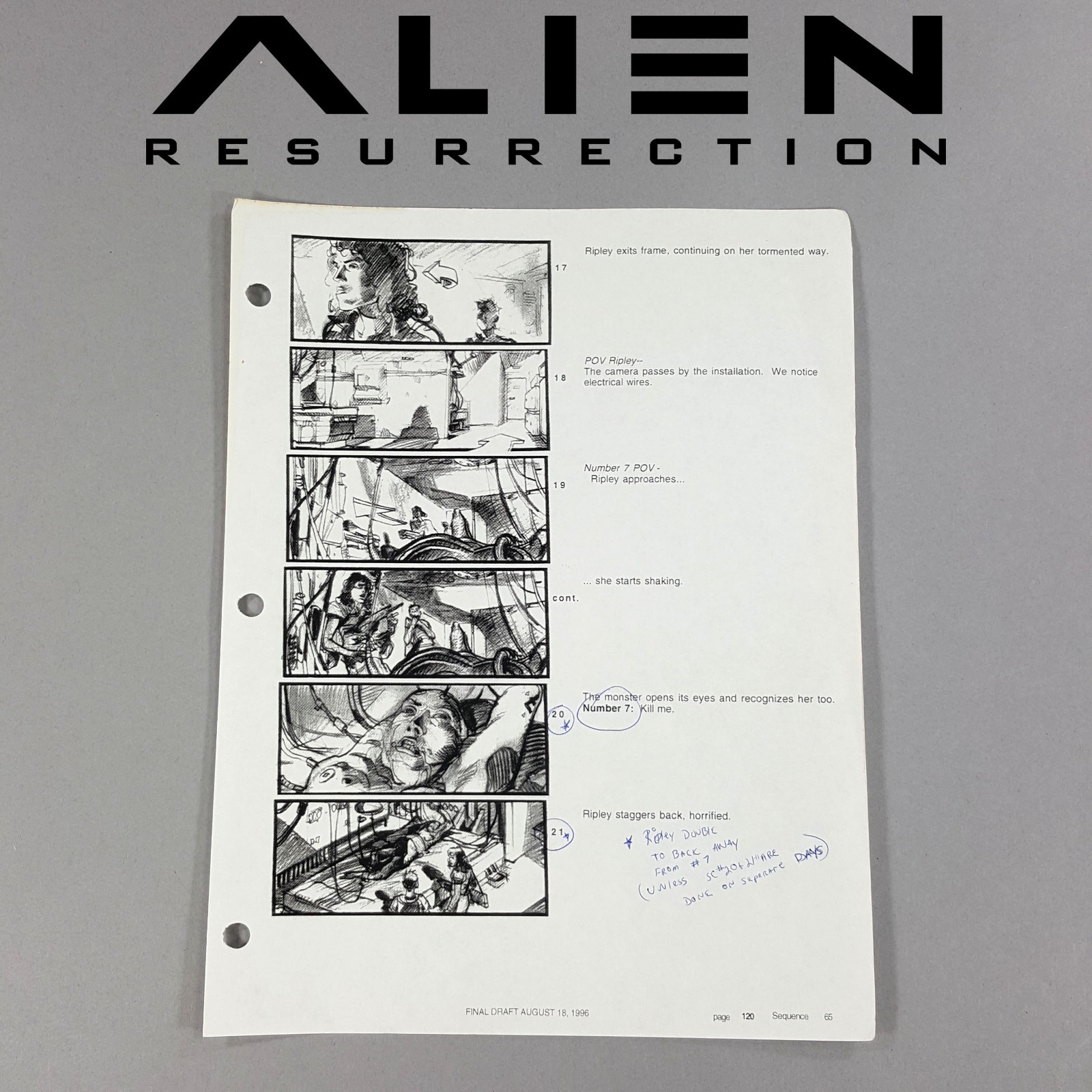 Alien: Resurrection - Production Used Storyboard, Ripley Cloning Area, Hand Note