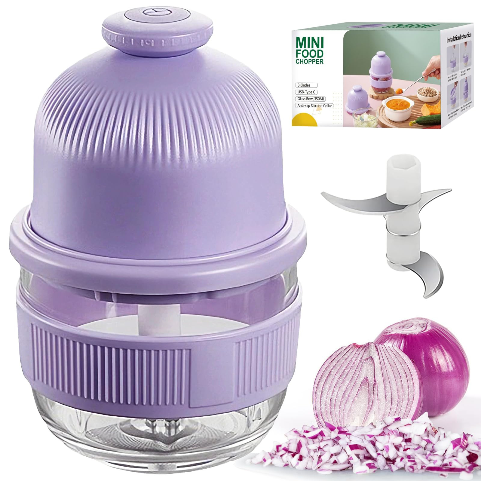 Cordless Food Processor, 350ml Glass Bowl Mini Garlic Chopper Wireless, Batte...