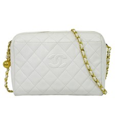 CHANEL CC Matelasse Leather Chain Shoulder Crossbody Bag White Gold