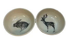 2 Ct Laura Zindel Vermont Pottery Bowl Set, Sitting Hare And Buck Ivory Black 5”