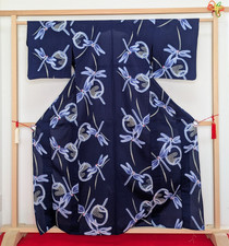 Authentic Japanese Yukata Cotton Kimono Navy Blue Dragonfly  Fan Summer Robe