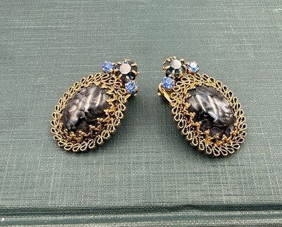 Ornate Vintage Blue Rhinestone Earrings, Clip On Marked Austria 
