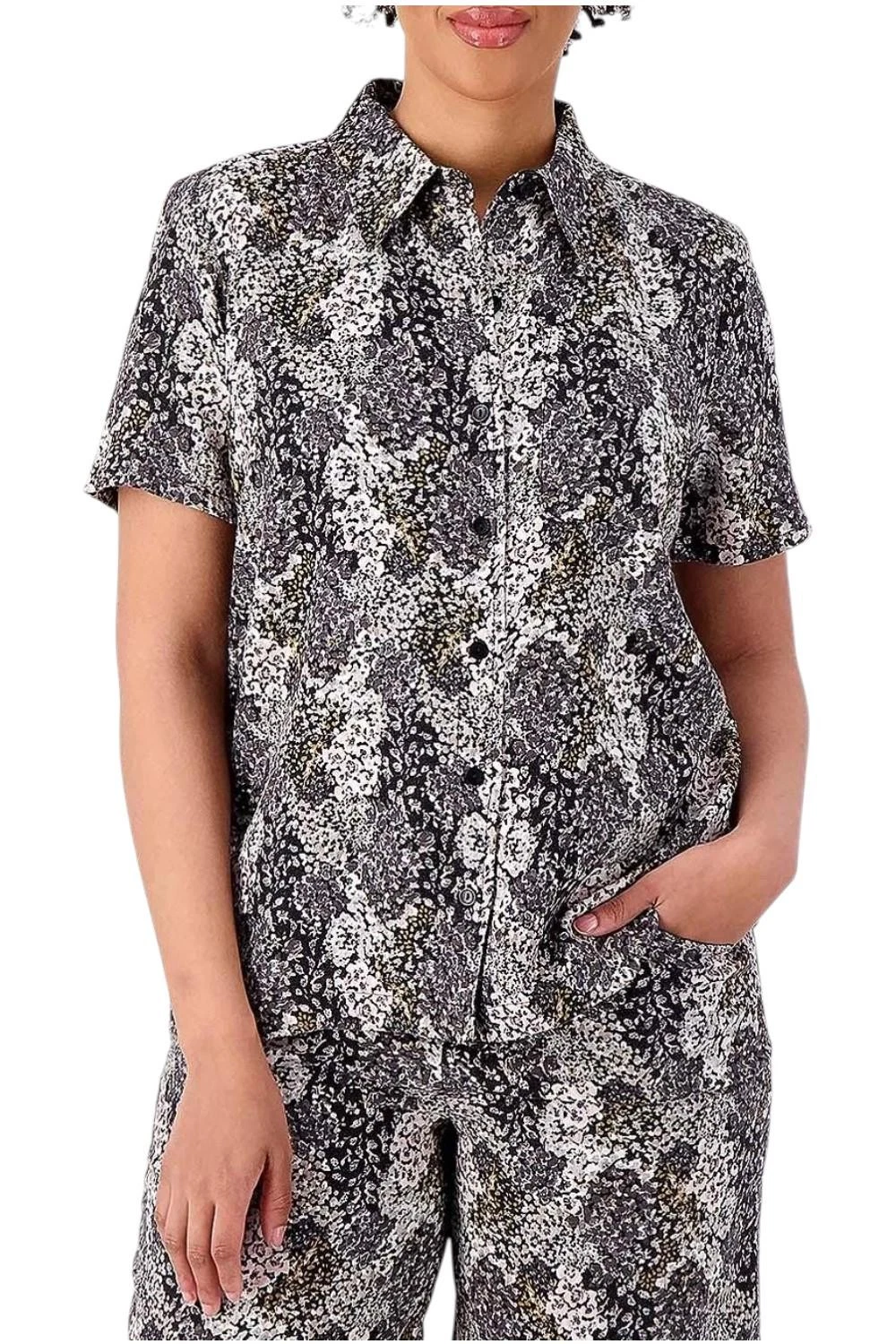 Isaac Mizrahi Live! Printed Linen Button Front Shirt Pitch Black