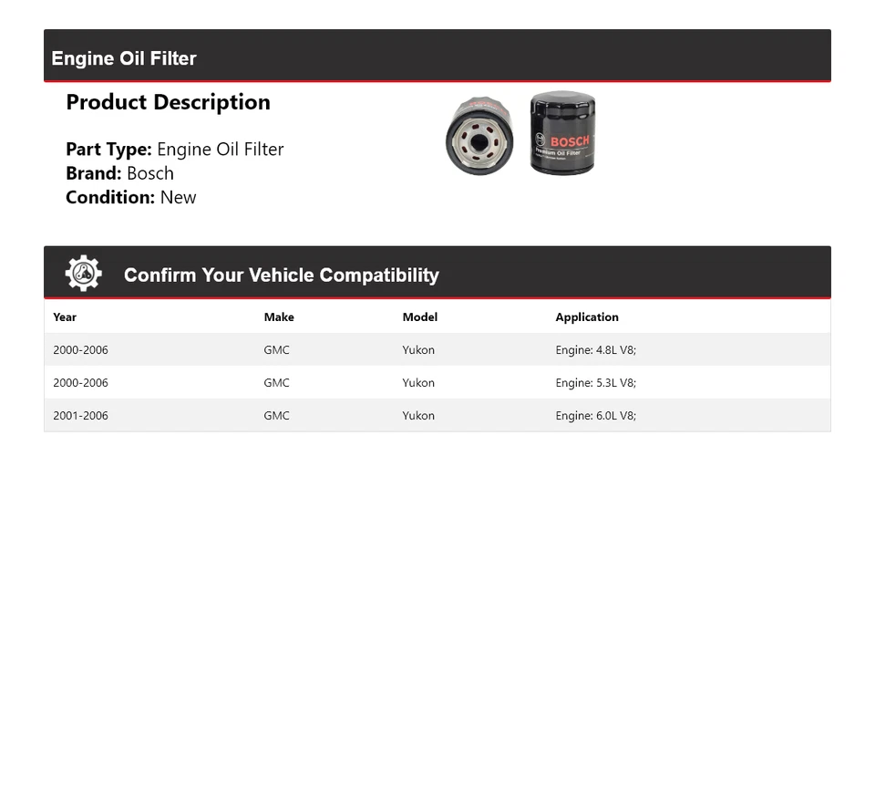 Filtro de aceite premium para GMC Yukon Bosch 2000-2006 2001 2002 2003 2004 2005 Foto 2 de 3