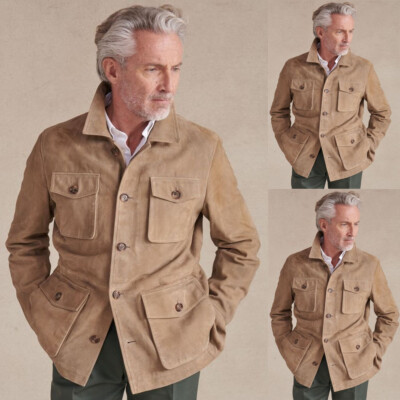 Khaki Suede Men Safari Jackets Multi Pockets Hunting Outdoor Wear Casual Coat