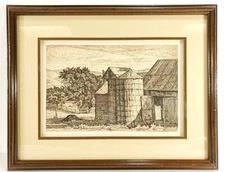 Luigi Lucioni Etching "LATE SHADOWS" 1944 Framed Under Glass in Walnut