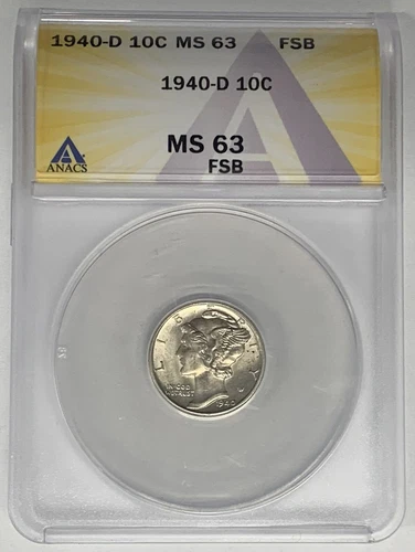 1940-D Mercury Dime 10c Coin ANACS MS 63 FB