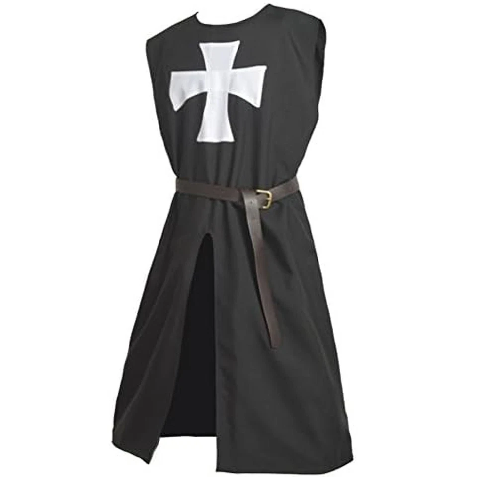 Túnica medieval caballero templario negro cruzado sin mangas abrigo renacentista LARP Foto 3 de 4