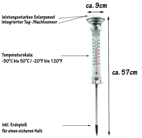 LED Solar Thermometer Gartenthermometer beleuchtet Außenthermometer Garten 57cm - Bild 3 von 4