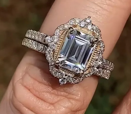 2 Ct Emerald Cut Art Deco Halo Vintage Style Bridal Set Ring