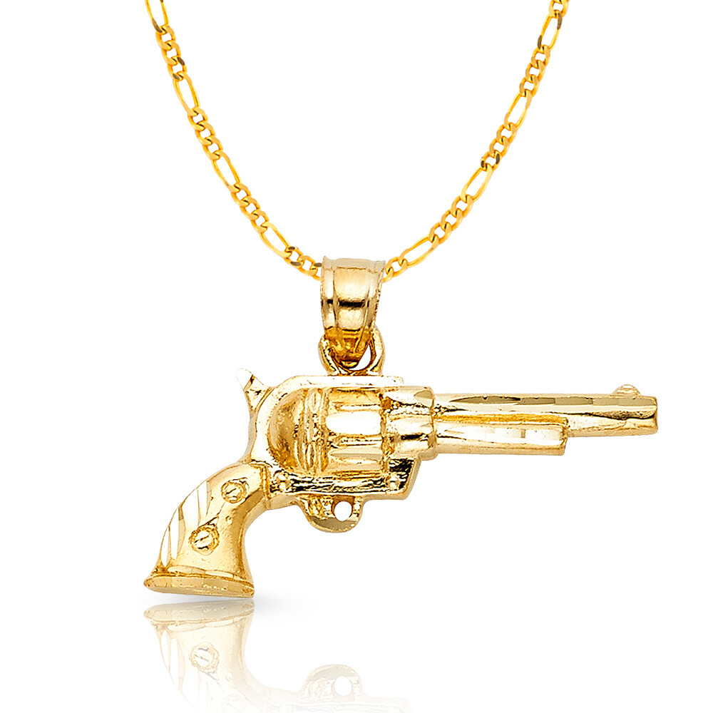 14K Yellow Gold Pistol Gun Charm Pendant with 3.1mm Figaro 3+1 Chain ...