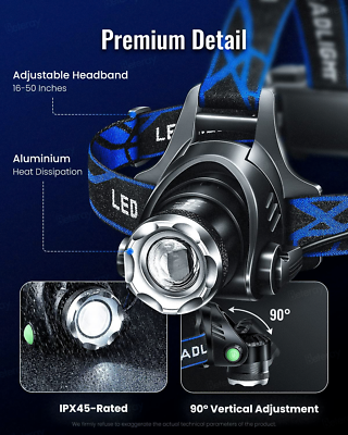 Lampada Frontale LED Ricaricabile 5000 Lumen, Impermeabile Con Focheggiabile - Per Caccia E Foresta