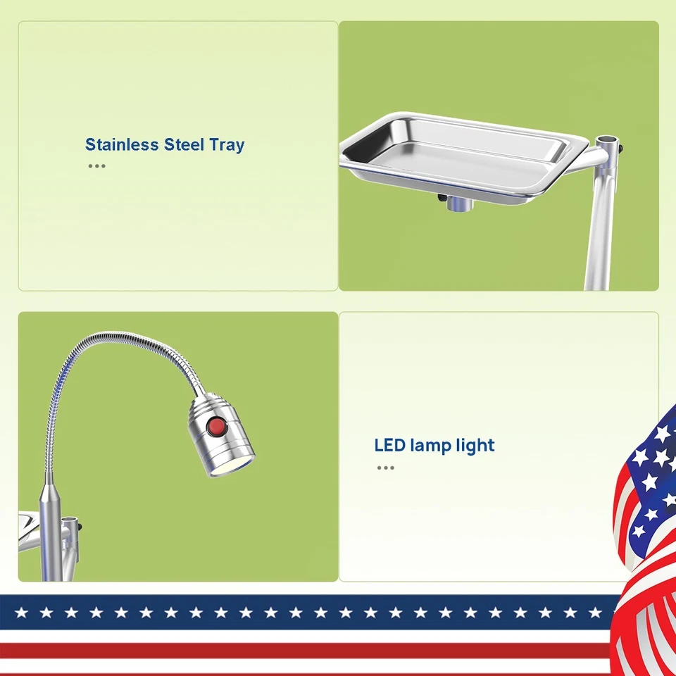 Silla clínica dental Protable lámpara luz LED reposacabezas y bandeja cuero duro PU verde Foto 4 de 4