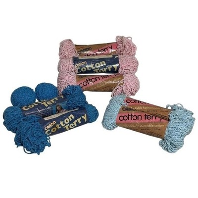 Vintage Caron Cotton Terry Yarn Lot 7 Skeins 50g 1.75 Zigzag Pink Blue 3 Colors
