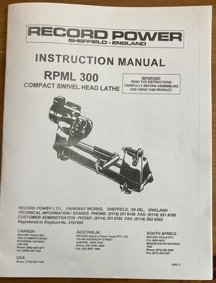 Record Power Compact Swivel Head Lathe - RPML 300 - Owner's Instruction Manual