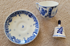 Vtg Delft Blue Hand Painted Sailboat, Windmill, Floral Tea Cup Saucer and bell