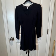 Nine West Black Long Sleeve V Neck Midi Dress Tie Waist Size M
