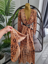 In the Style Size 8 Beige/Brown Snake Print Wrap Midi Dress V-Neck Tie