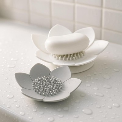 2 Pack Lotus Shower Steamer Trays, Silicone Soap Holder with Self White Gray 