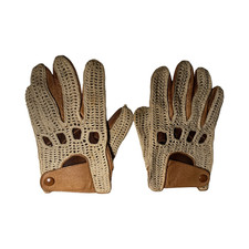 Vintage 1950s Crochet Back Leather Driving Gloves Prym Snap Tan knit