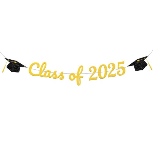 Gold Glitter Congrats Grad Banner 2025 Graduation Decorations Gold White Seni...